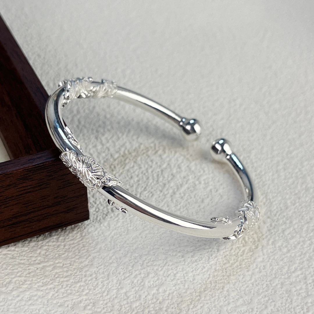 足银手镯 足银999.9 繁花对珠手镯A10