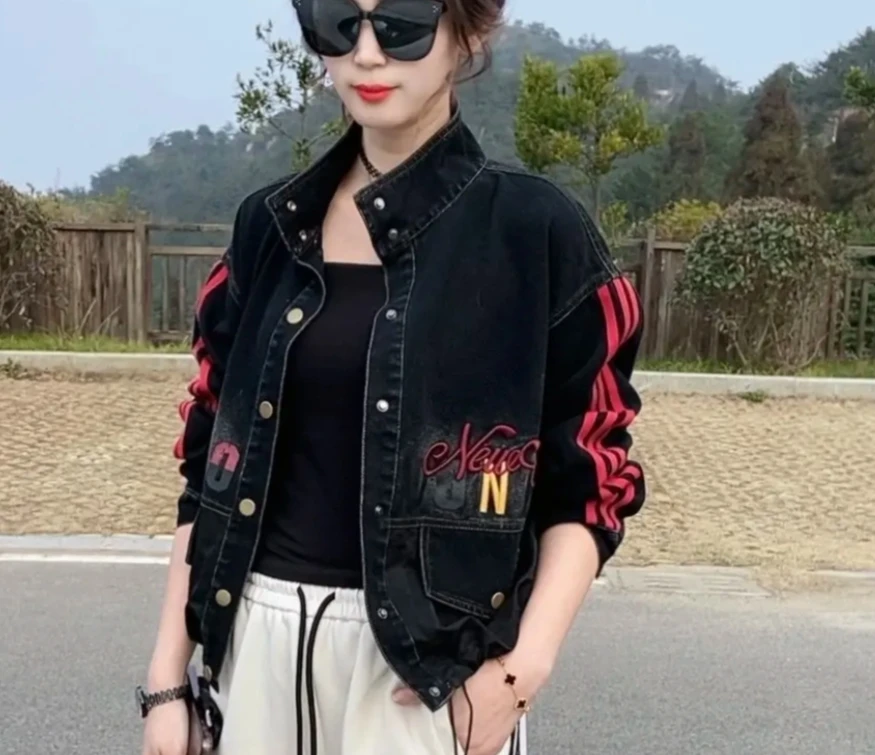 重工复古牛仔外套2025春季新款时尚条纹印花减龄百搭显瘦短款上衣