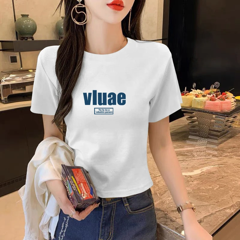 正肩白色短袖t恤女夏季休闲体恤衫字母印花修身半袖圆领打底上衣