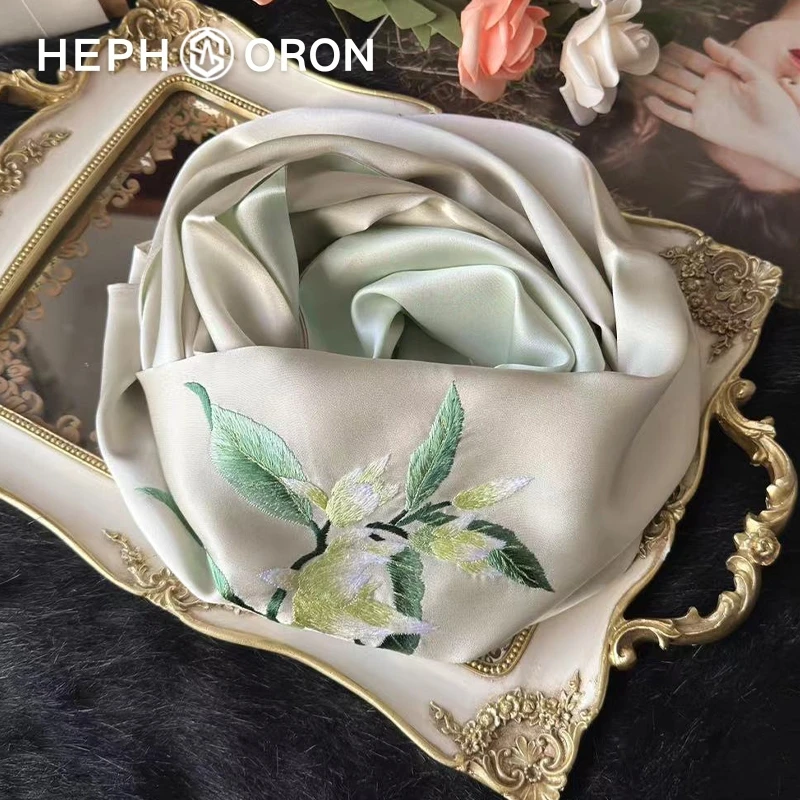 HEPHSORON苏绣丝巾礼盒送妈妈绿色刺绣薄款高级感桑蚕丝真丝围巾