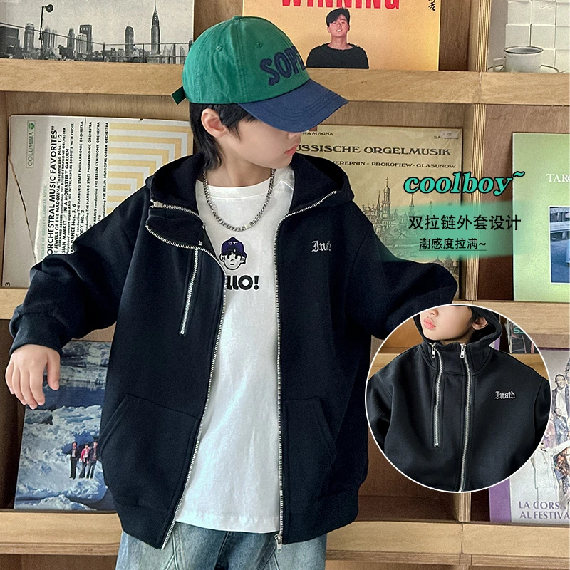 男童春秋款外套2025新款中大童6-12岁儿童春季痞帅双拉链连帽外衣