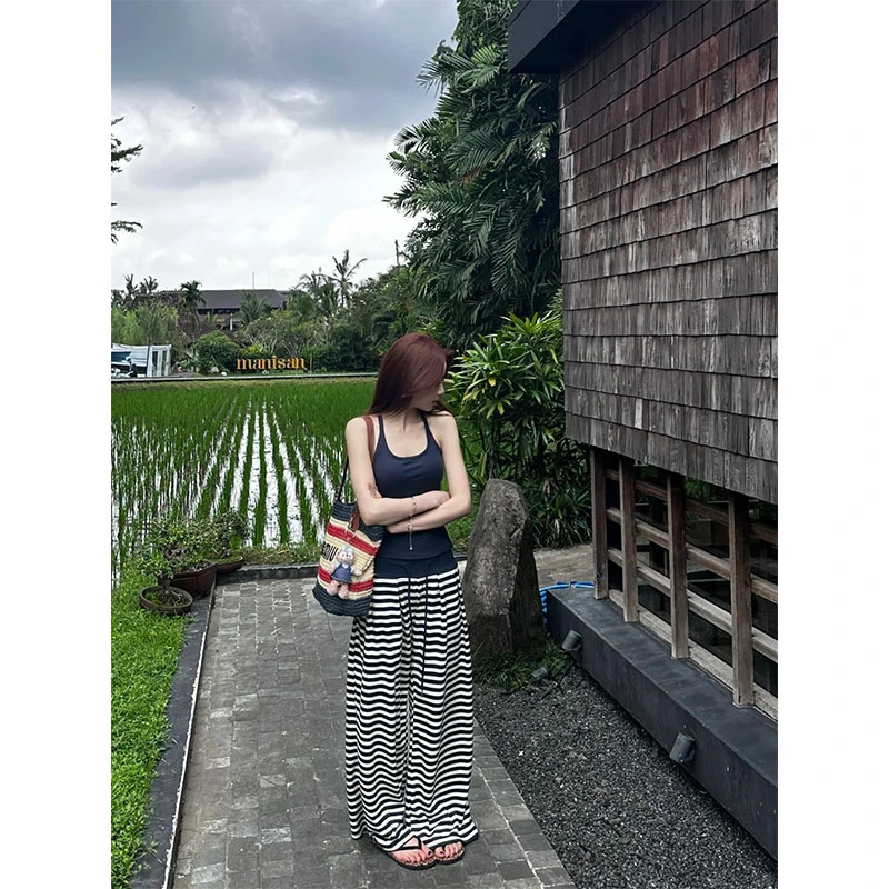 夏季慵懒风休闲百搭时尚洋气小众吊带背心外穿高腰条纹阔腿裤长裤
