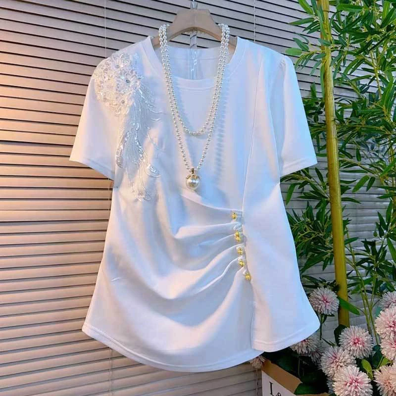 2569时尚潮流百搭纯色轻熟风T恤韩版宽松百搭印花设计感