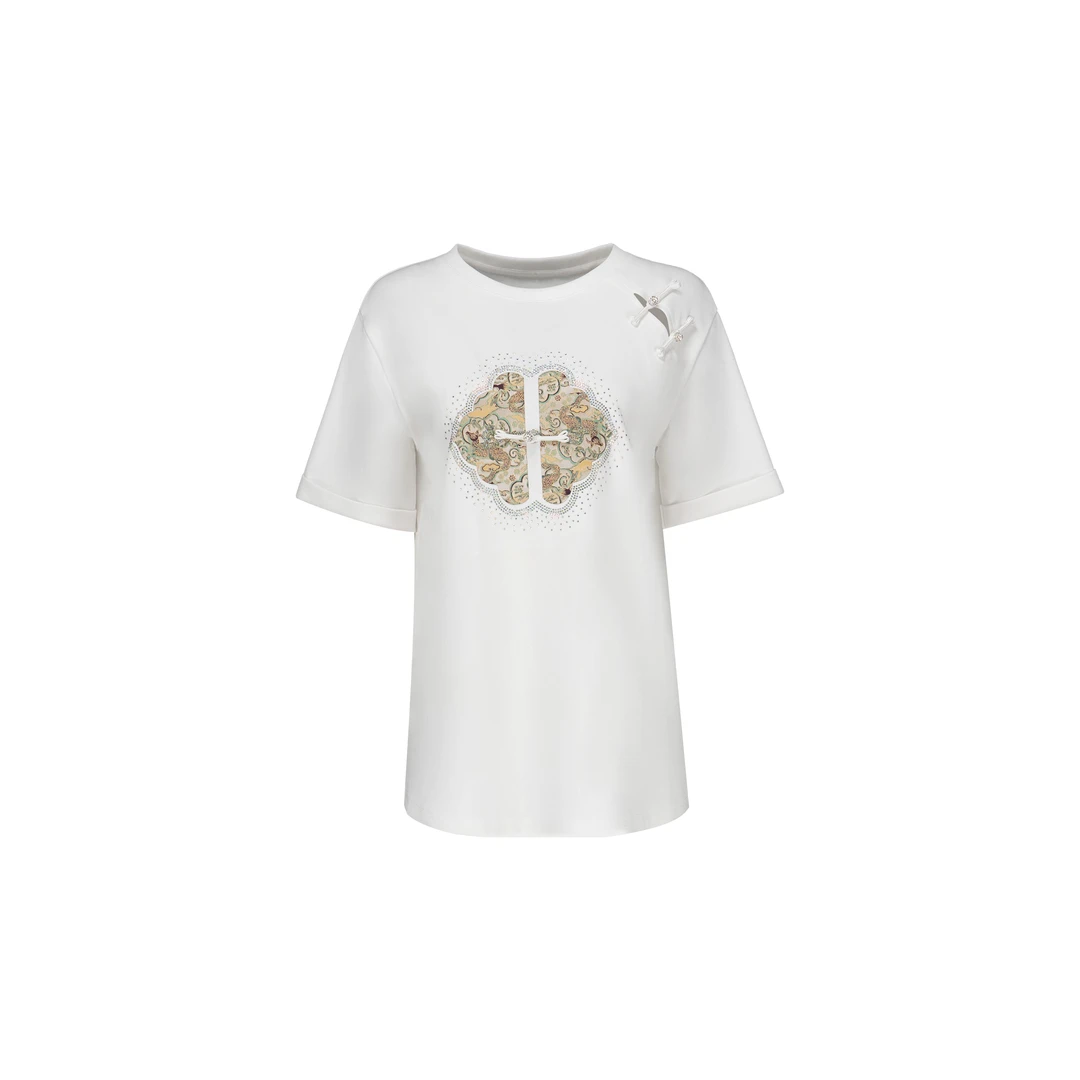 【韵味雅典国风T】双面精棉新中式盘扣刺绣烫钻花短袖T WT42AYQ003