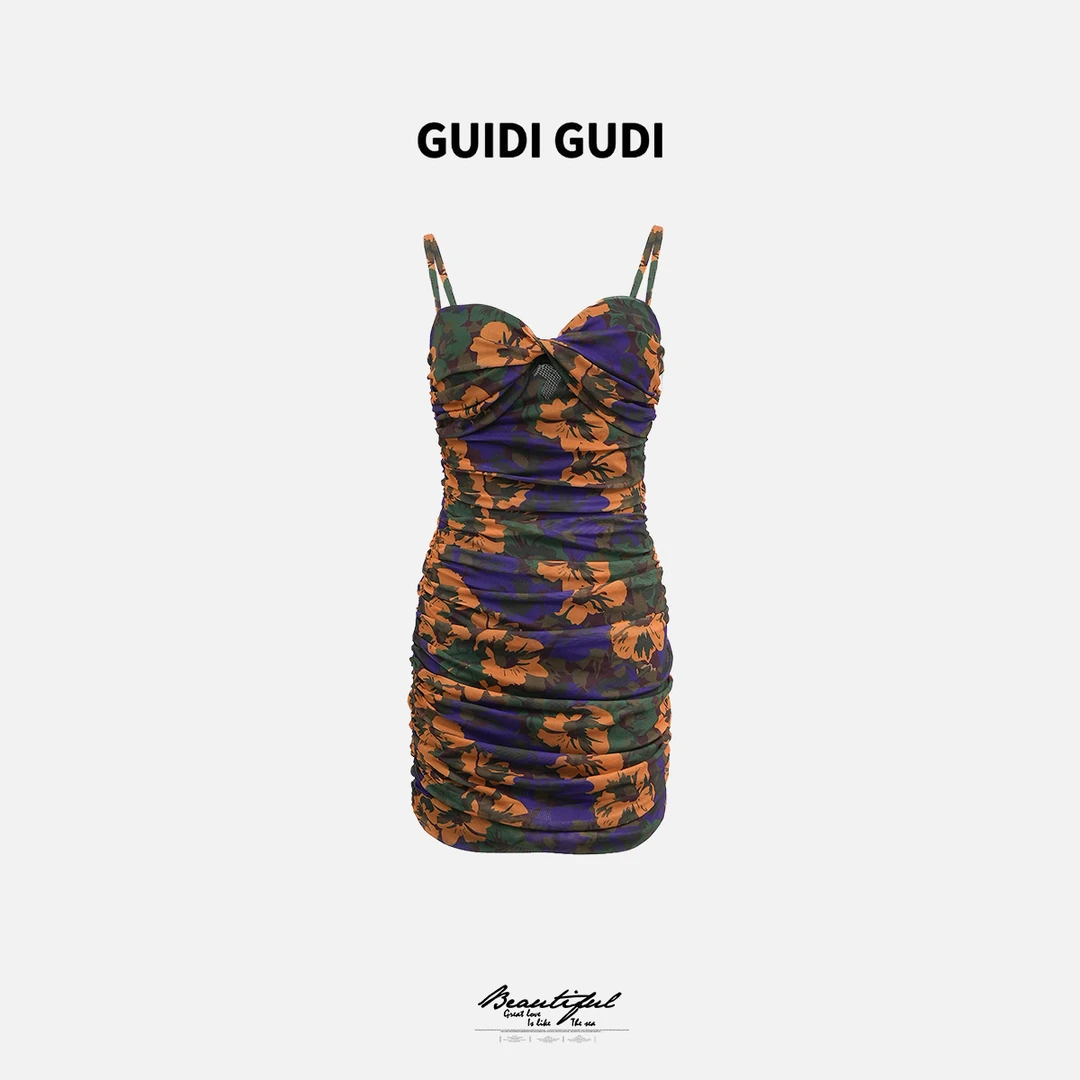 GUIDI GUDI【陌上花】黄加蓝气质花朵女人味吊带连衣裙