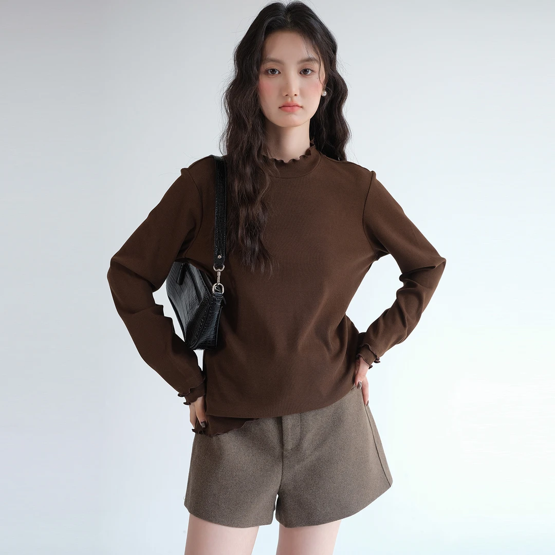 【木耳边半高领针织衫】蓝若水大码冬新款保暖打底T恤上衣87618