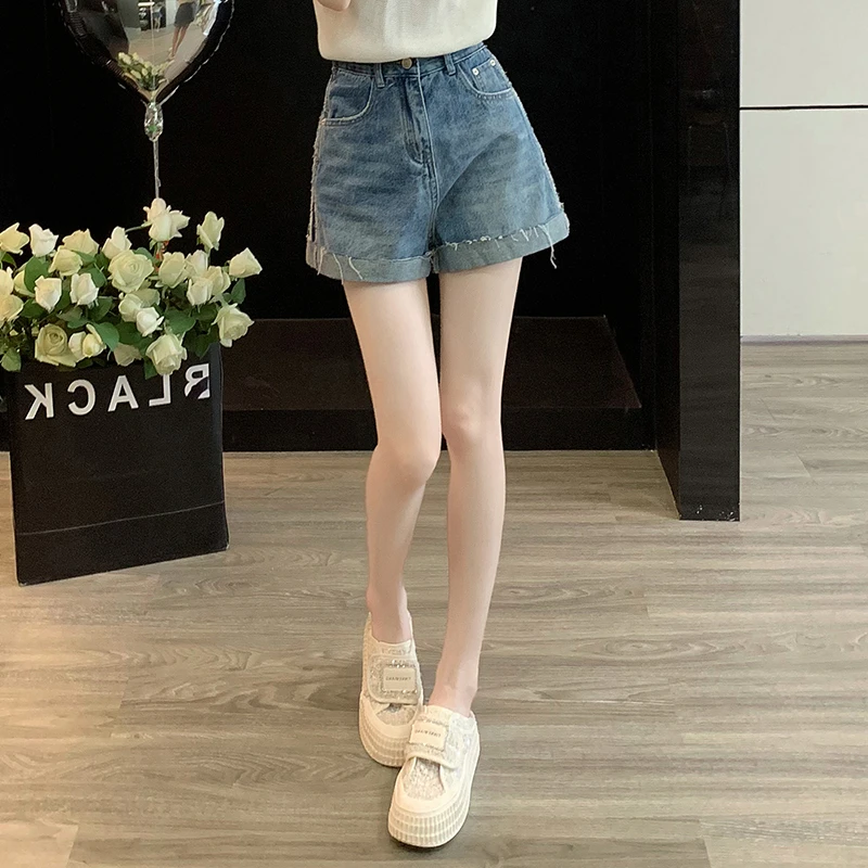 美式辣妹卷边牛仔短裤女夏新款复古蓝高腰a字阔腿裤显瘦直筒裤子