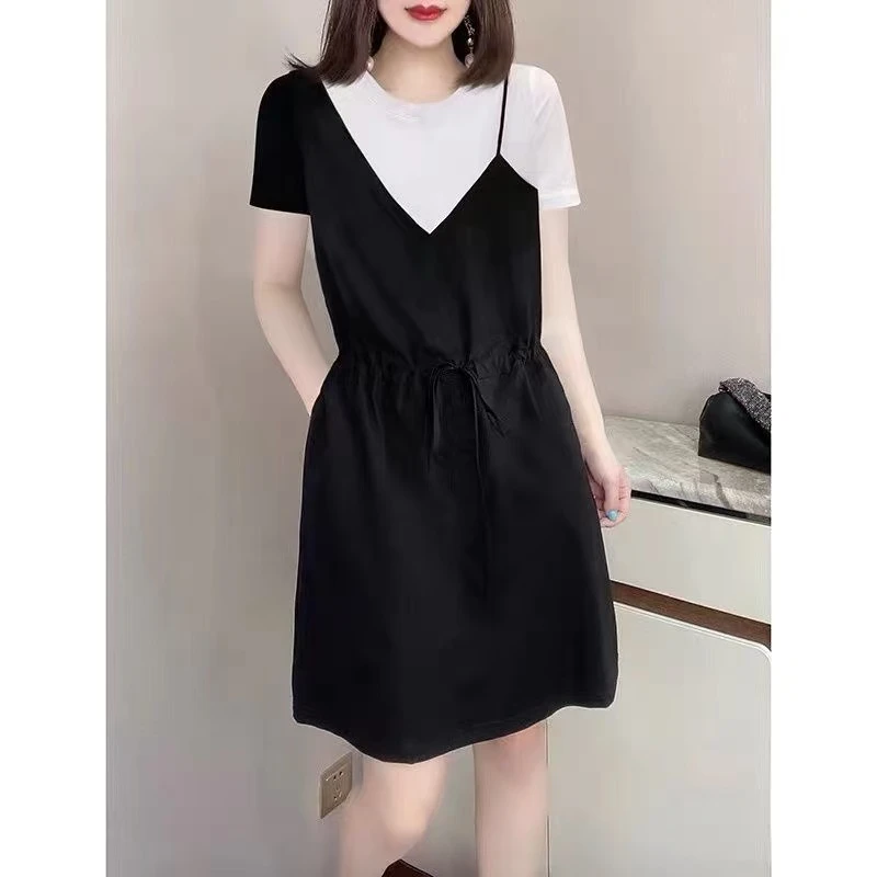 5022*韩版时尚撞色拼接假两件短袖连衣裙女2025夏