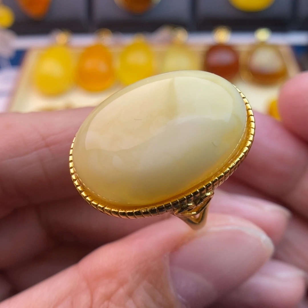 琥珀戒指银S925镀金镶嵌