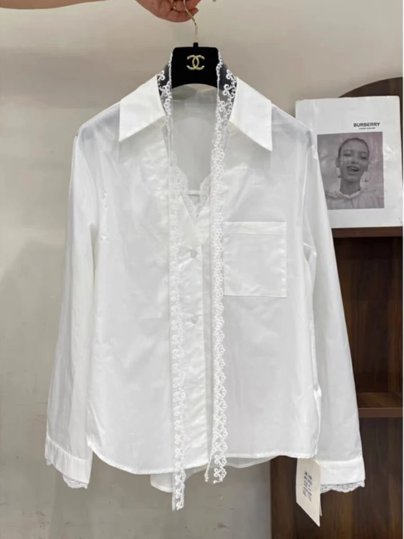 2025年新款欧货蕾丝拼接花边显瘦百搭上衣女春季小众绝美翻领衬衫