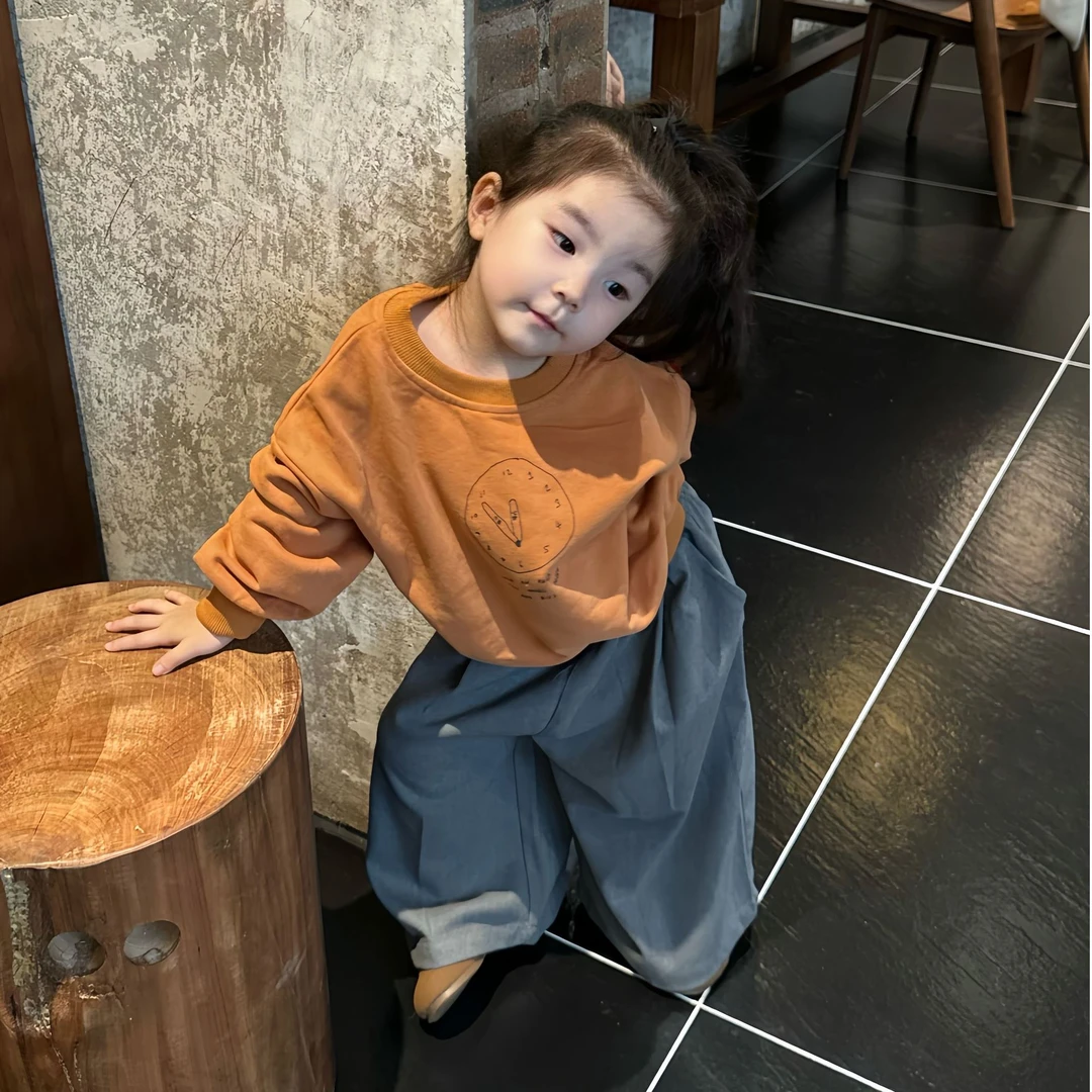 壹妈韩版童装女童秋装套装新款洋气儿童时髦橘色卫衣阔腿裤两件套