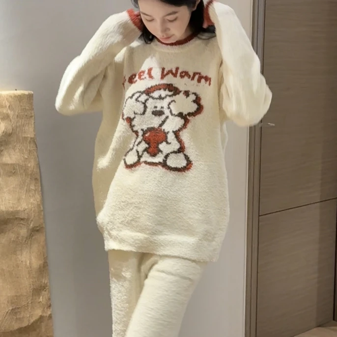 〈苹果派小汪〉秋冬趣卡通半边绒加绒加厚家居服套装