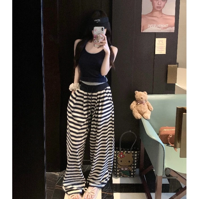 撞色条纹抽绳休闲裤女夏季慵懒风阔腿裤显瘦高腰直筒裤子拖地长裤