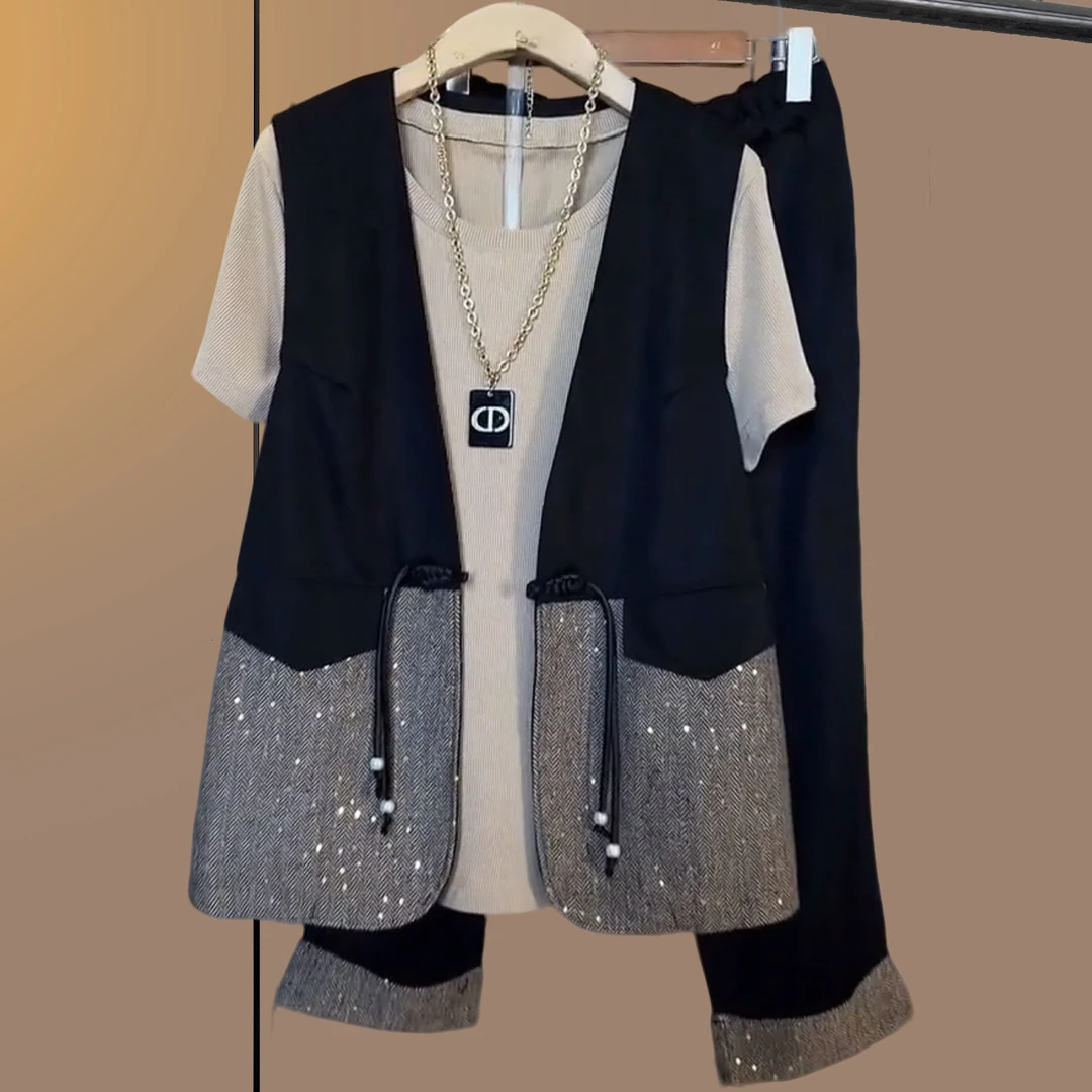 大码女装胖妹妹时尚休闲套装百搭气质宽松型马夹短袖裤子三件套