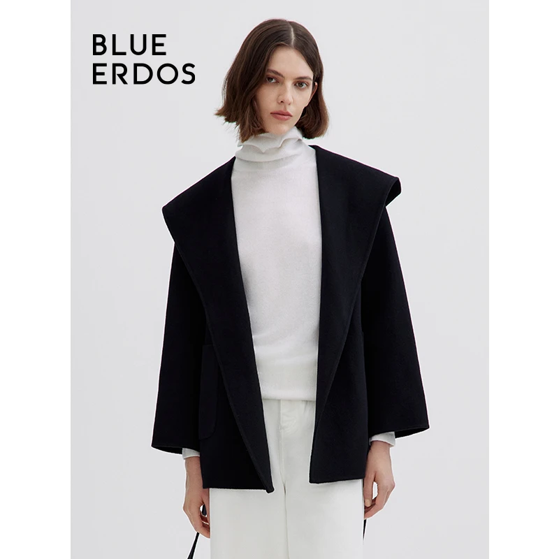 【BLUE ERDOS】24秋冬高级感气质简约绵羊毛连帽斗篷外套毛呢大衣