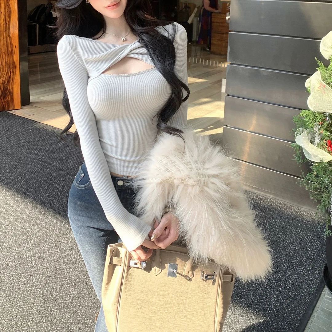 大码女装25493法式扭结镂空长袖纯欲修身内搭辣妹打底上衣