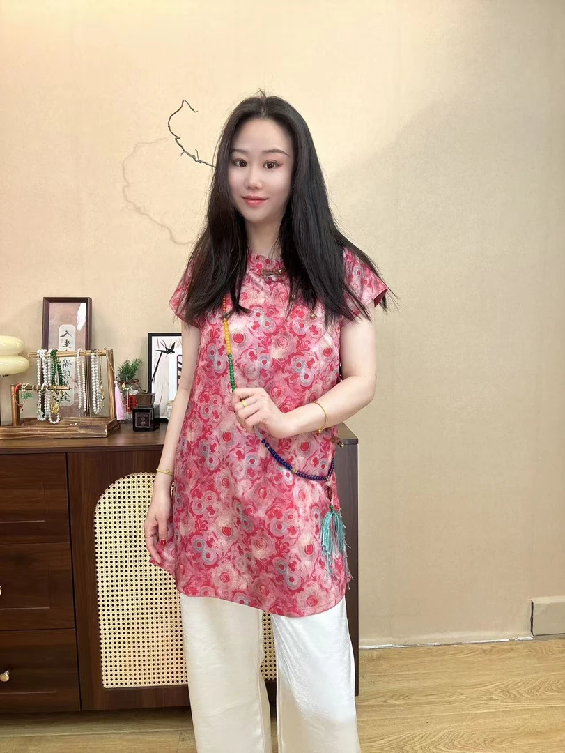 【澜公子9143】樱花*短袖春夏新款气质百搭新中式国风中长款