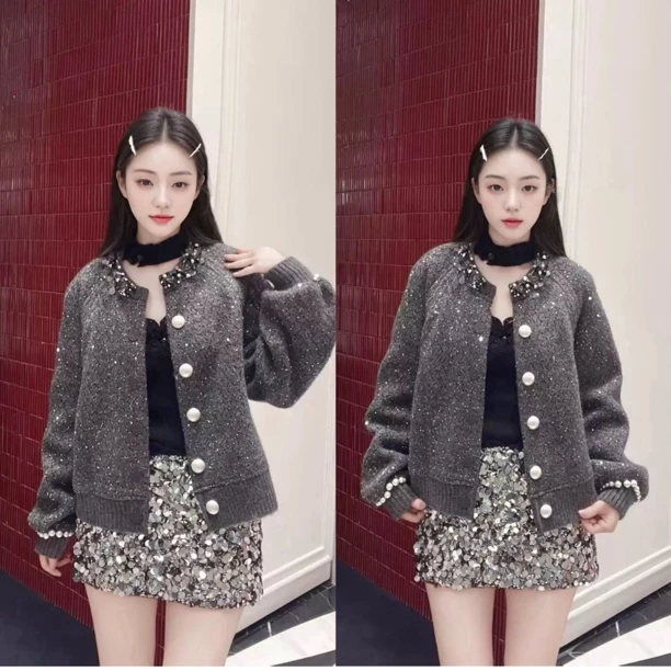 【小呆鸟专享】 秋冬格蕾色系重工钉珠设计感闪闪灰色外套针织裤