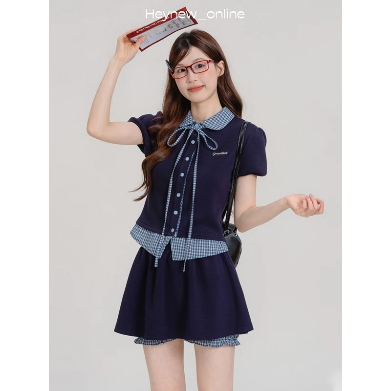 LOVEHEYNEW设计感假两件格纹拼接上衣高腰半身裙两件套套装-5X646