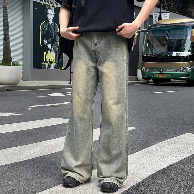 黄泥色弯刀牛仔裤男款秋季美式vibe修身显瘦直筒休闲裤微喇长裤子