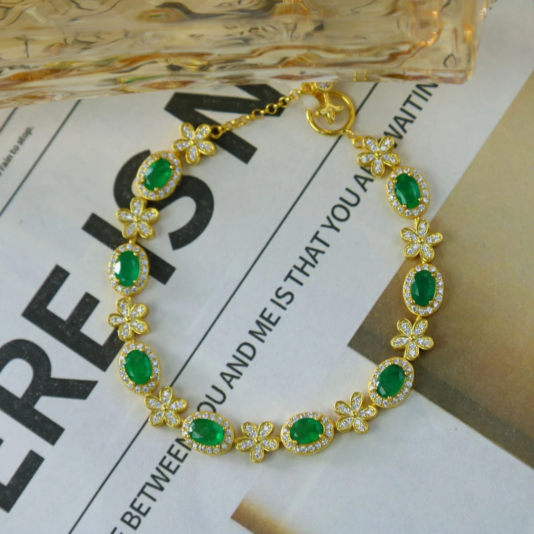 S925天然祖母绿手链浓艳8颗裸石轻奢（3.8*5.5）