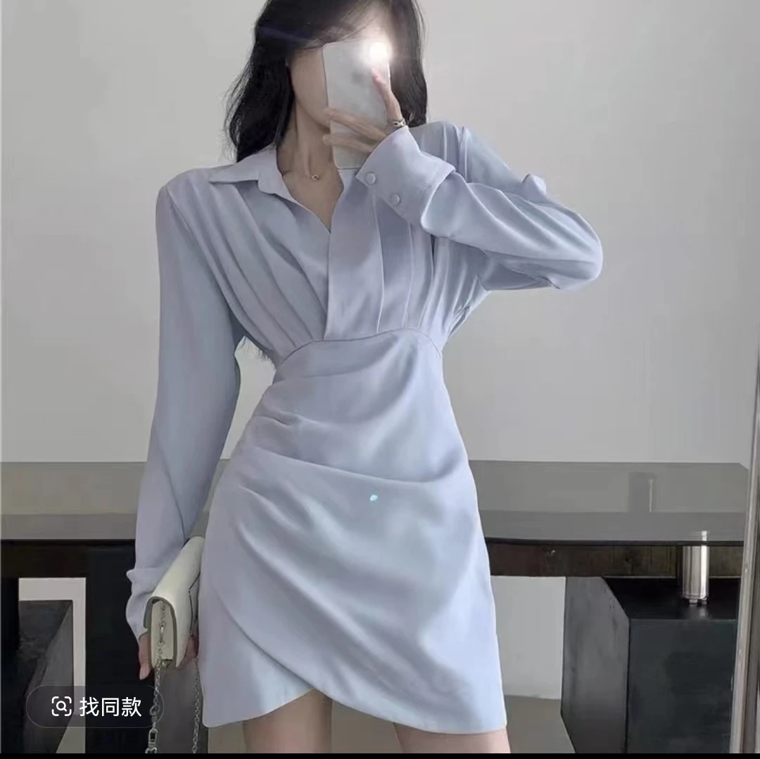 连衣裙包臀裙宽松腰单排扣长袖轻奢拼接女士休闲气质百搭203