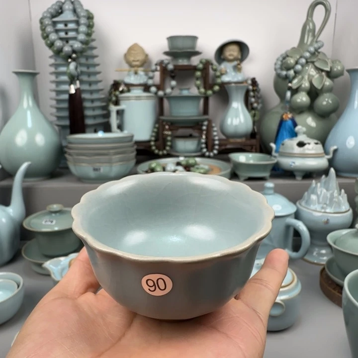 摆件汝瓷花口杯圈足烧仿古釉
