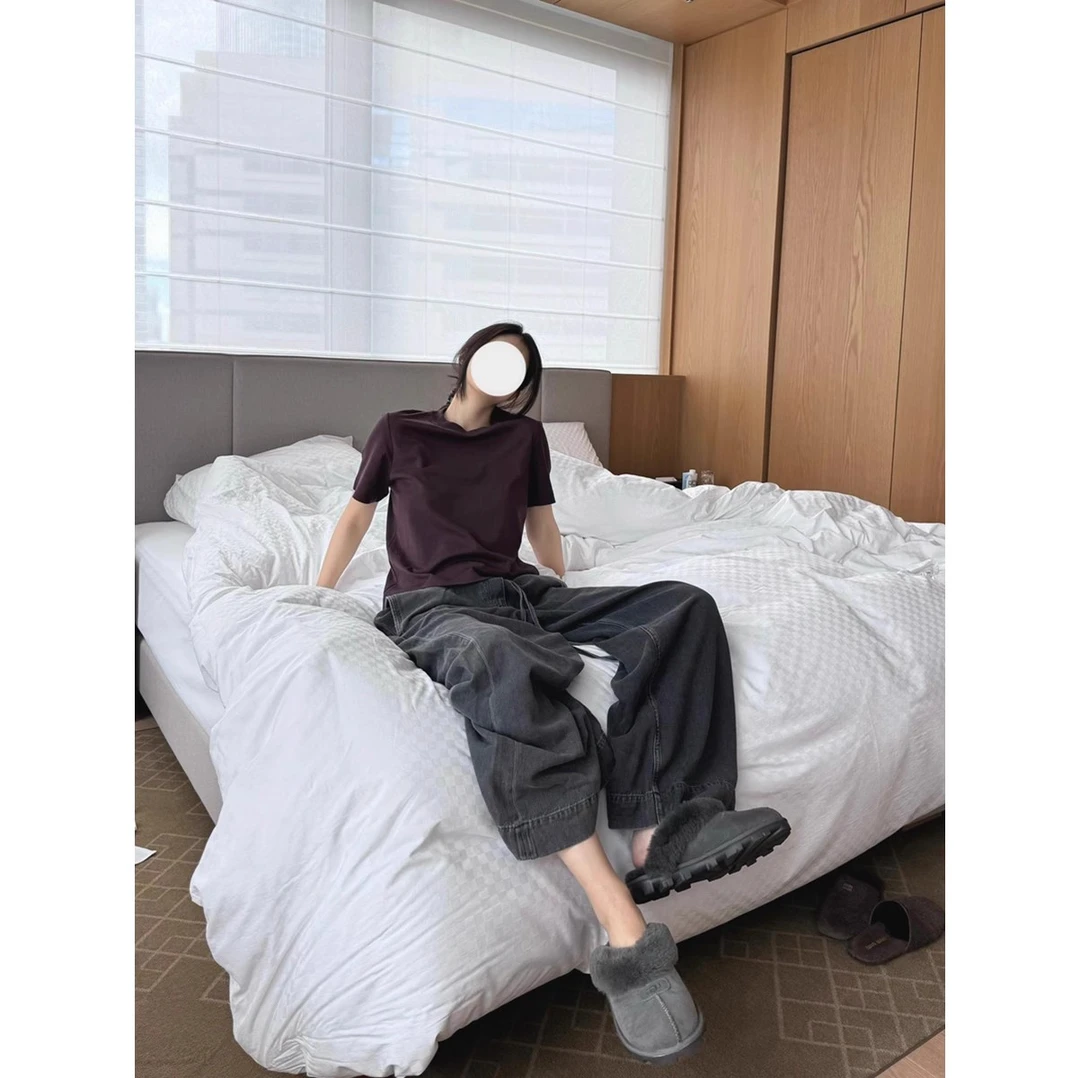 黑灰色水洗宽松直筒牛仔裤休闲复古微喇阔腿长裤#z1121