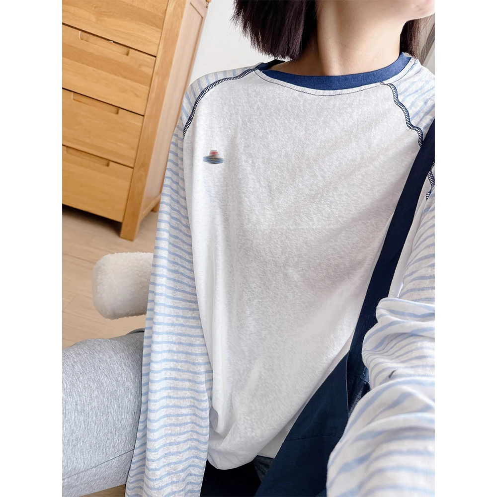 韩系百搭刺撞色条纹插肩袖长袖T恤女夏季圆领防晒罩衫设计感上衣