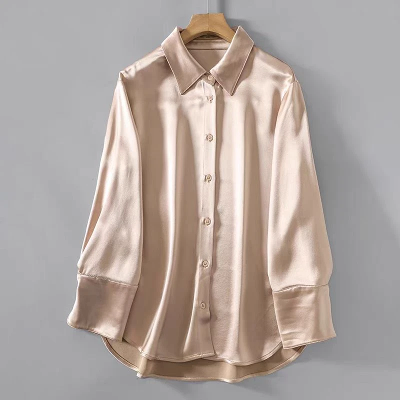 （01-100）春秋新款高级感简约气质醋酸缎面衬衫女百搭长袖衬衣