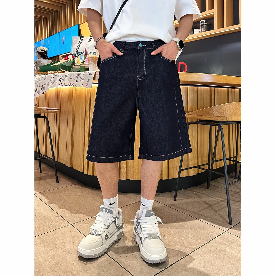 水洗复古做旧个性时尚简约明线设计男士夏季六分直筒牛仔休闲中裤