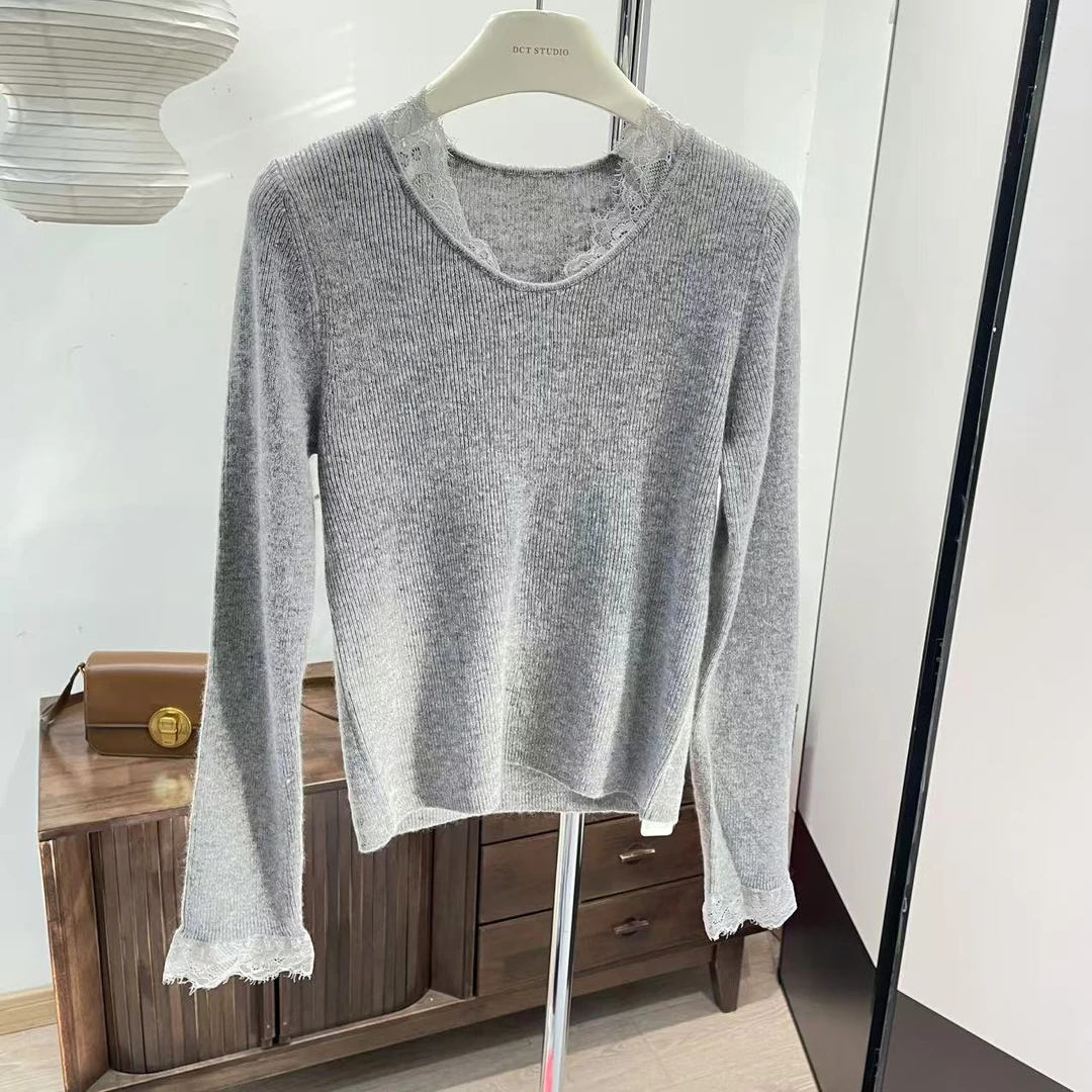 针织衫-87066蕾丝花边V领设计感内搭