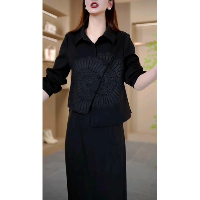 1【上衣+裙子】黑色套头衬衫上衣后开叉半身裙两件套套装裙女新款