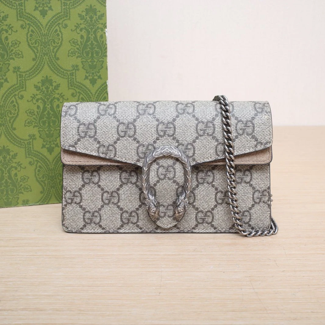 95新 GUCCI/古驰 小花攀攀酒神 超Mini 16.5 老花 帆布 银扣