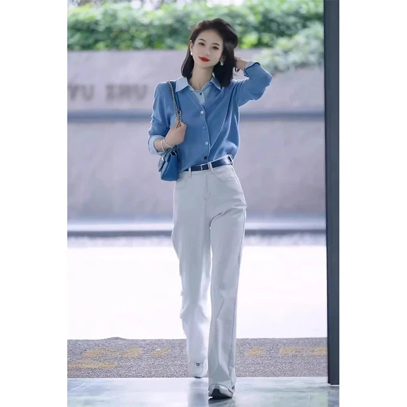 开春韩系穿搭一整套减龄洋气时尚高级感干练气质蓝色开衫休闲套装
