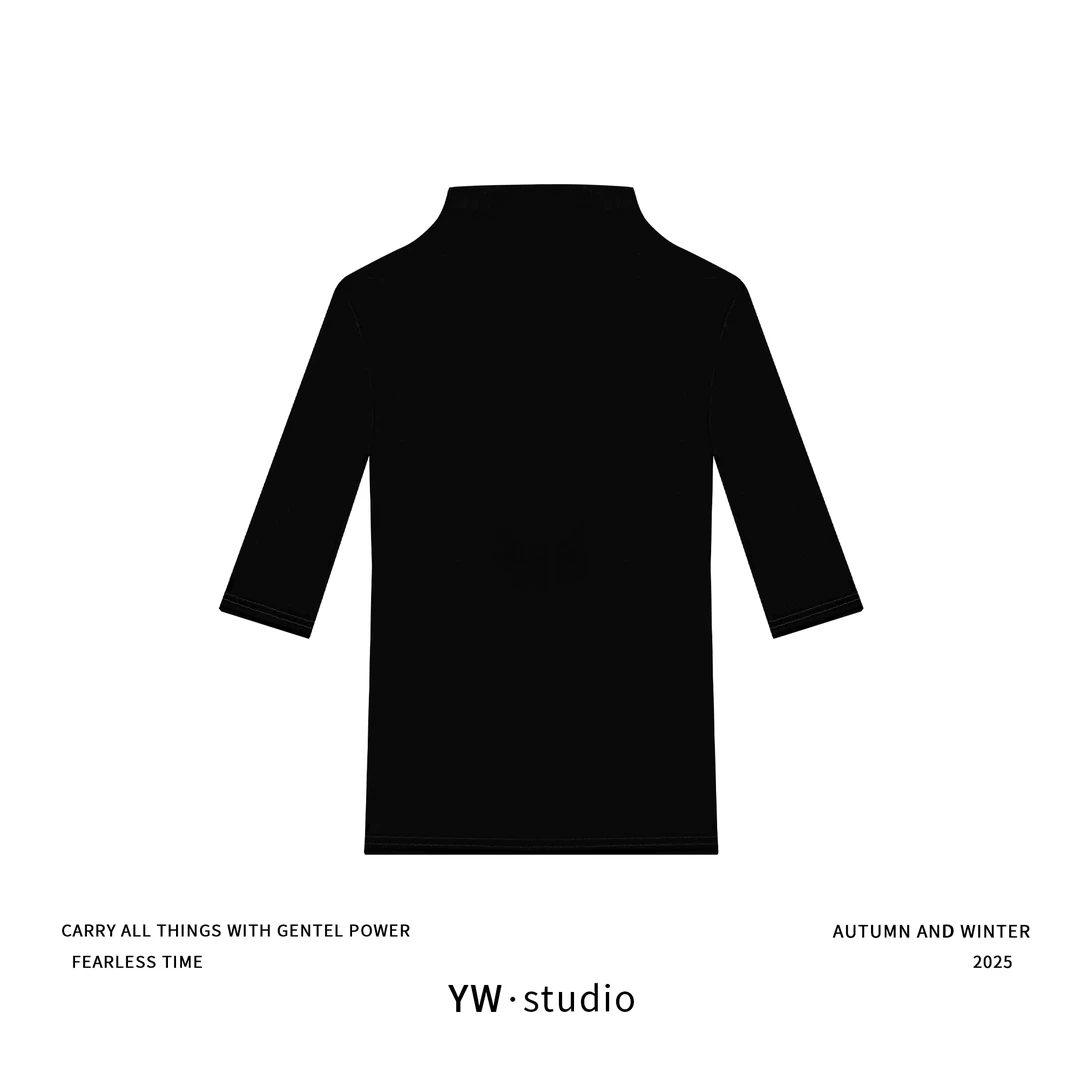 YUWEI/定制 琥珀流光风丝绒时尚半高领中袖丝绒弹力短袖 W9537