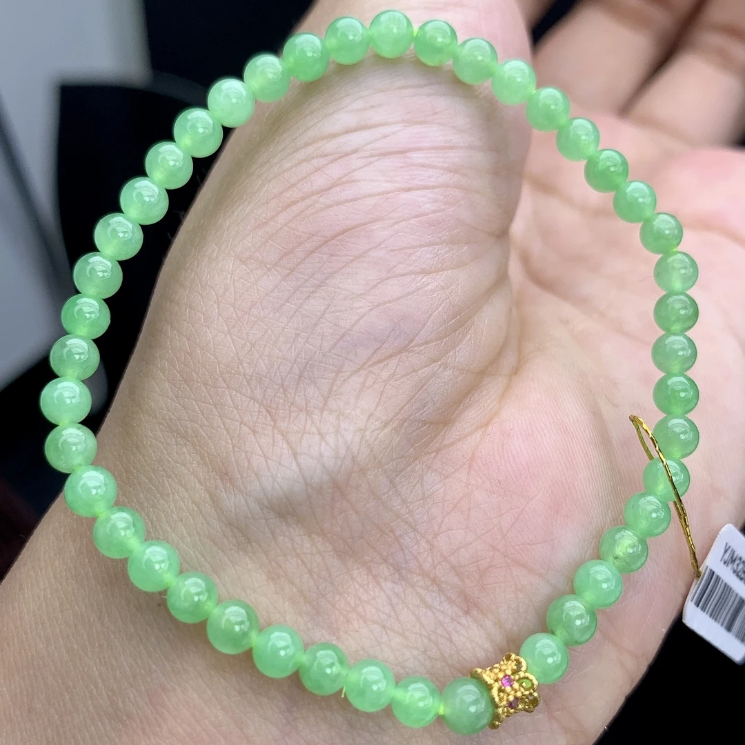 缅甸A货翡翠甜阳绿色小米珠圆珠手链手串单圈5JM3T12卡3.8-4.1mm