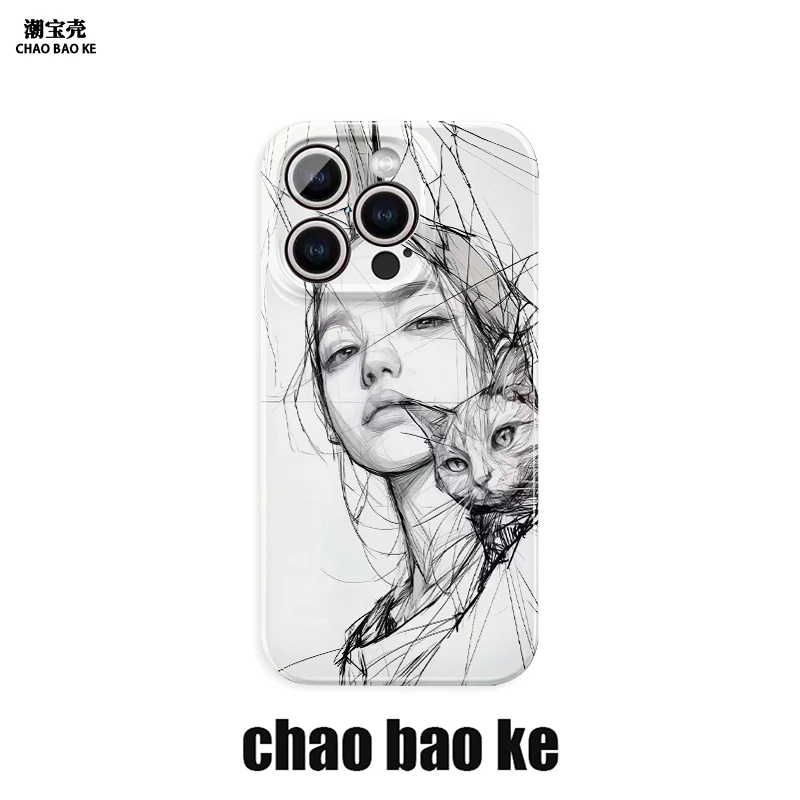 素描女孩与猫适用苹果16promax手机壳潮牌15p液态软壳14/13创意12