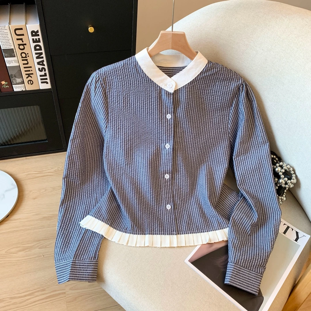 时尚洋气撞色条纹2025秋季新款独特别致设计感宽松长袖开衫衬衫女