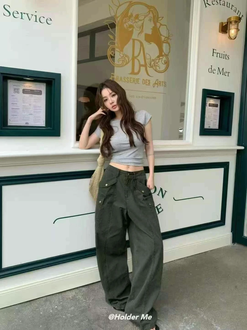 美式复古多口袋工装裤女2025新款夏高腰显瘦休闲裤