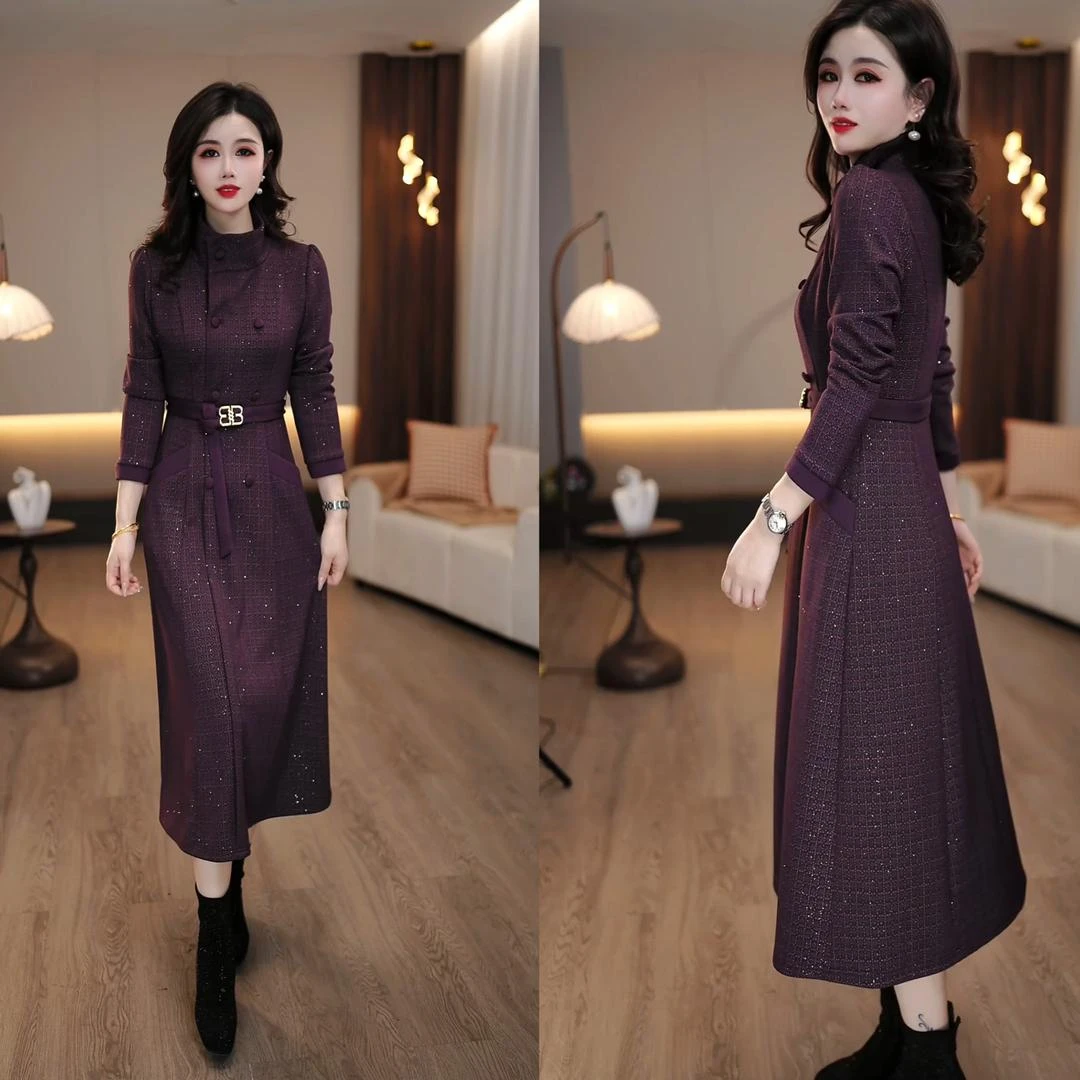 2025初春新款两穿打底冬季大气简约干练打底仿大衣式长袖连衣裙