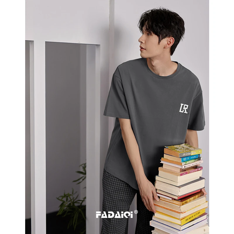 法黛琪纯棉睡衣男士夏季2025新款短袖长裤圆领格子男款家居服套装