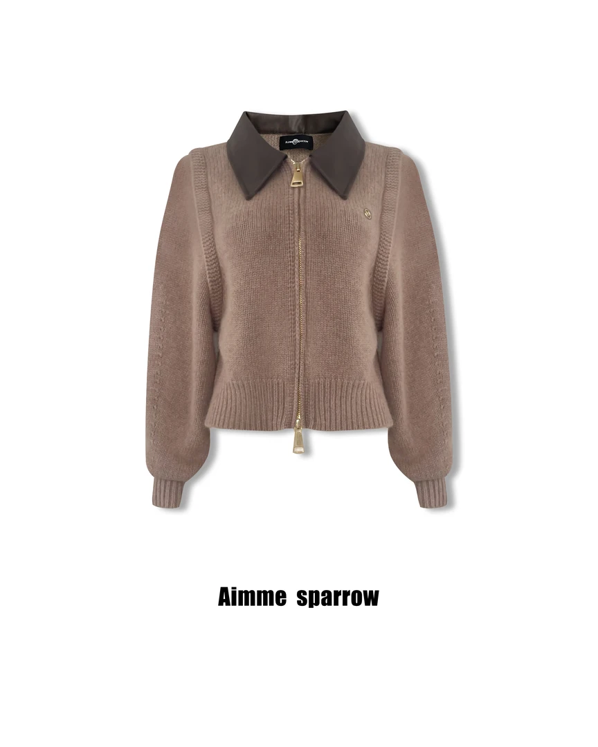 Aimmesparrow25SS棕色polo领拼接开衫外套
