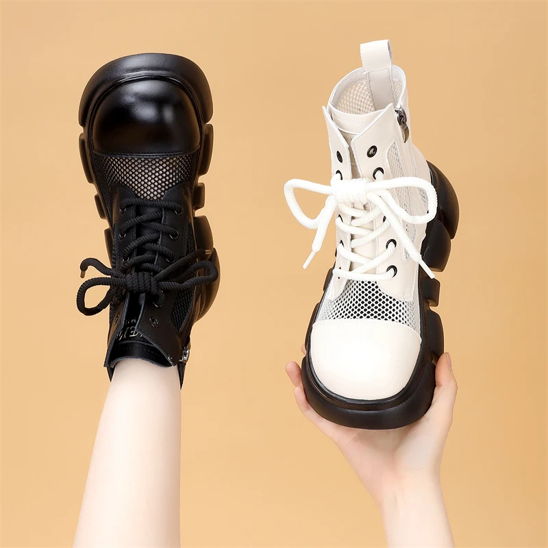 小个子松糕底增高网纱凉靴女2025春夏新款镂空透气舒适韩版马丁靴