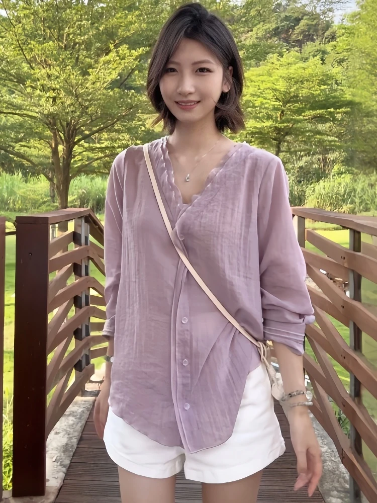 法式双层花边V领长袖衬衫女2025夏季新款宽松休闲显瘦轻薄感上衣