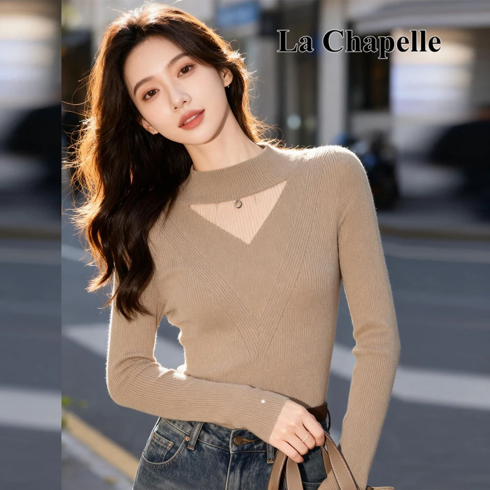 拉夏贝尔拼接网纱针织长袖针织衫女2025秋冬气质显瘦内搭打底毛衣