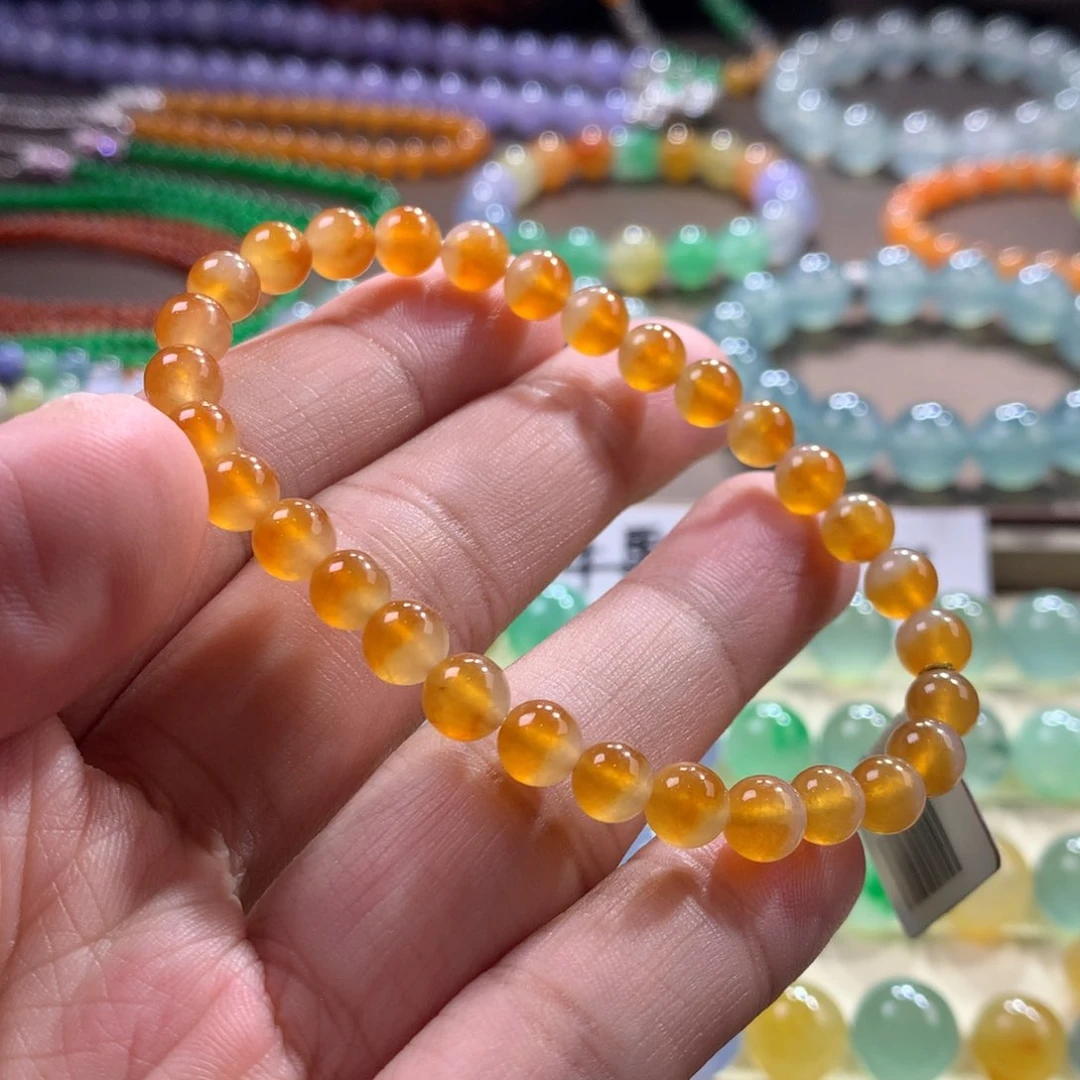 未镶嵌手链翡翠性价比！冰胶老种芬达黄手串 卡6