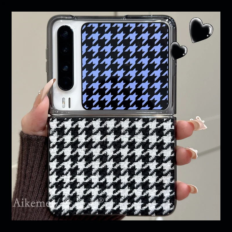 适用华为puraX阔折叠屏手机壳电镀边框PuraX典藏版奢华千鸟格素皮