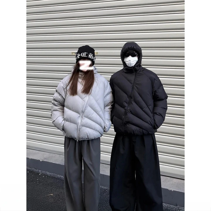 放射线斜拉链羽绒棉服男女同款轻薄情侣排骨棉衣连帽防风保暖外套