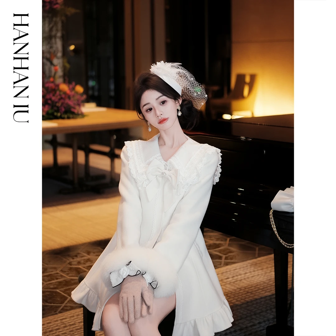 韩韩IU【富贵千娇】100高支澳毛可拆卸狐毛袖口海军领中长款风衣